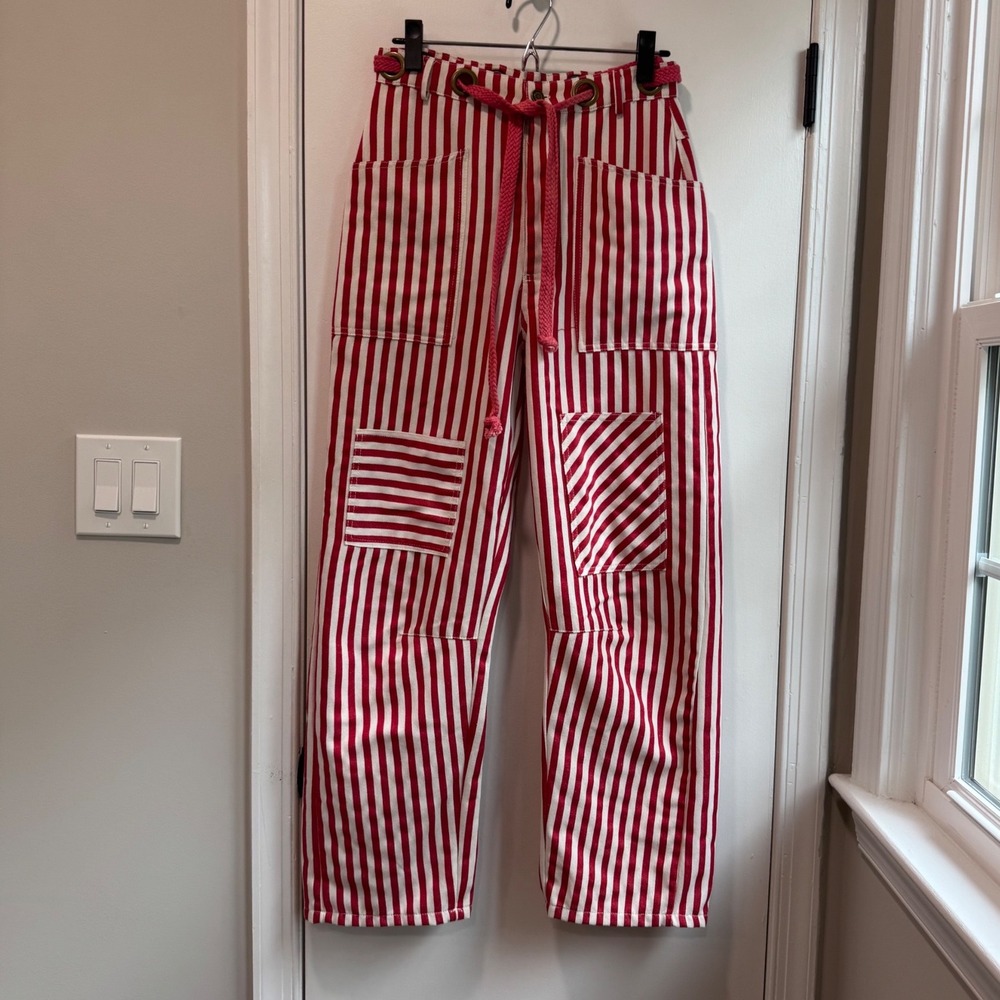 Urban Daizy Red White Striped Pants Button Fly Rope Belt size Small